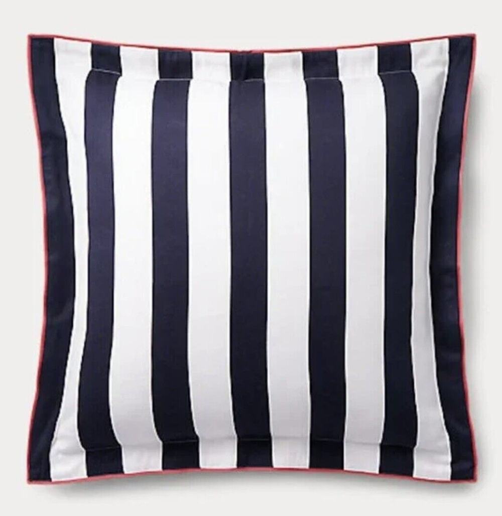 RALPH LAUREN Carter Stripe Euro Sham Navy Blue White 26” X 26” NIP 100% Cotton
